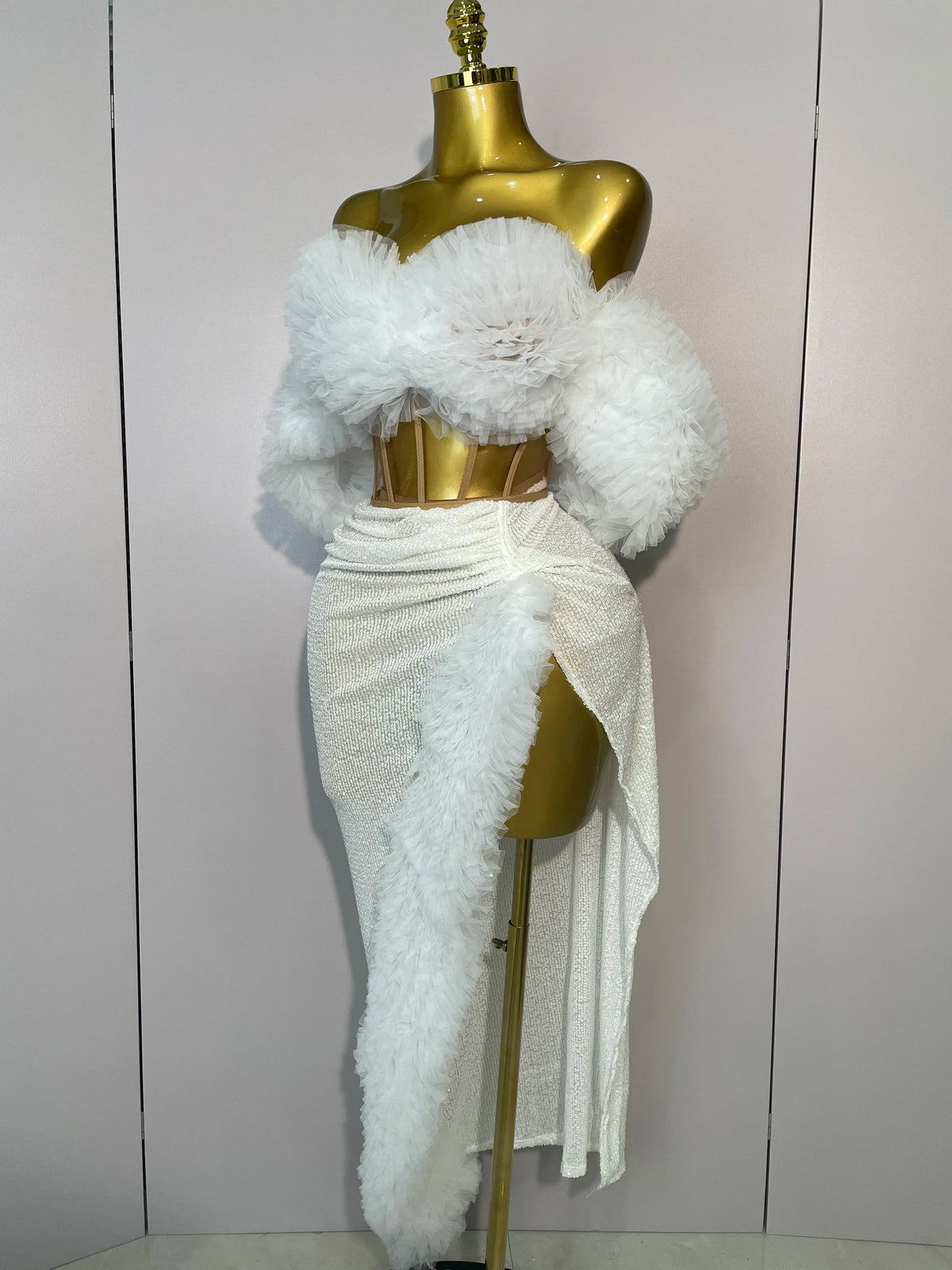 Feather Trim Two-Piece Set | Off-Shoulder Top & Slit Skirt | Stage
