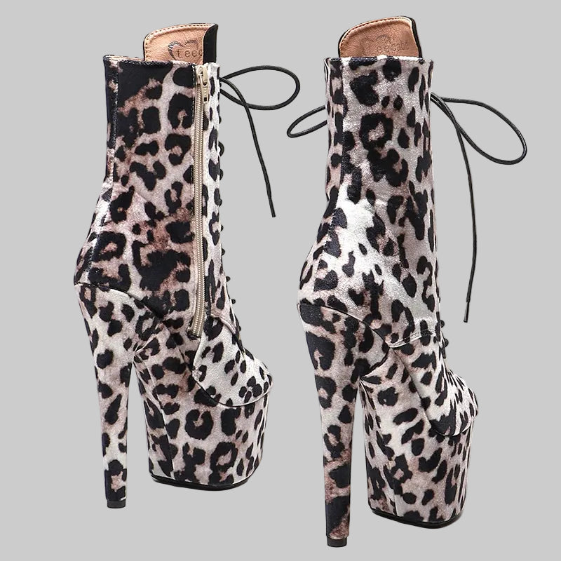 17CM Leopard Print Platform Ankle Boots - Open Toe 7 Inch High Heel Pole Dance Boots