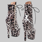 17CM Leopard Print Platform Ankle Boots - Open Toe 7 Inch High Heel Pole Dance Boots