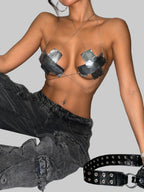Metallic Sequin Halter Crop Top - Backless Chain Detail