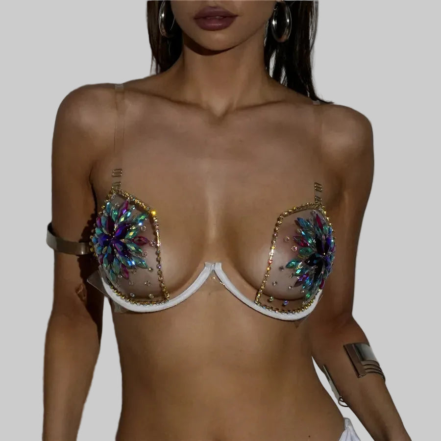 Rhinestone Crystal Halter Bra Top - Luxury Push-Up Performance Bra
