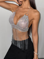 Rhinestone Mesh Metal Chain Tassel Halter Crop Top