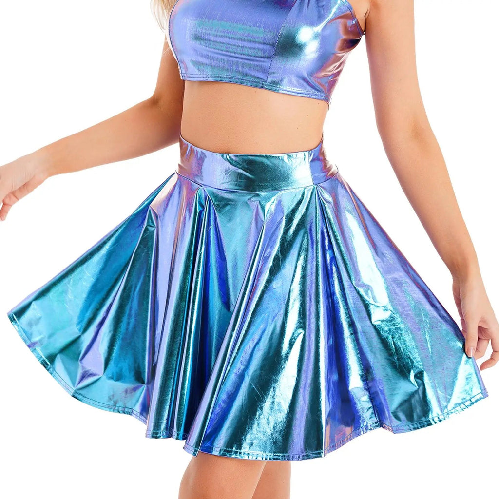 Metallic Flare Mini Skirt | Rave Festival Skater