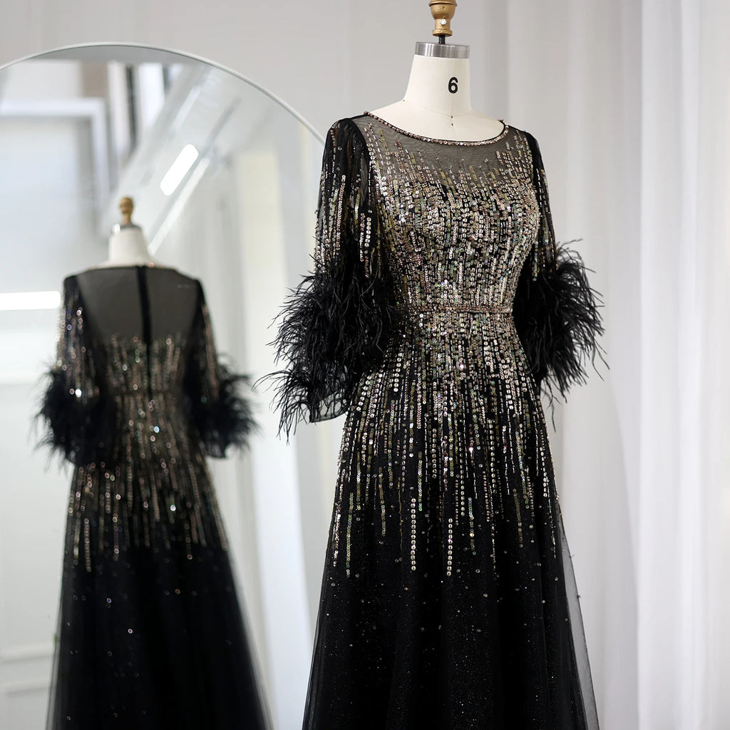 Sequin Feather Cuff Gown | Crystal Beaded | Black & Fuchsia
