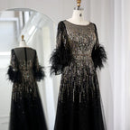 Sequin Feather Cuff Gown | Crystal Beaded | Black & Fuchsia