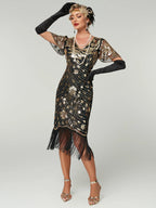 1920s Beaded Sequin Fringe Flapper Dress | Short Sleeve | A-Line