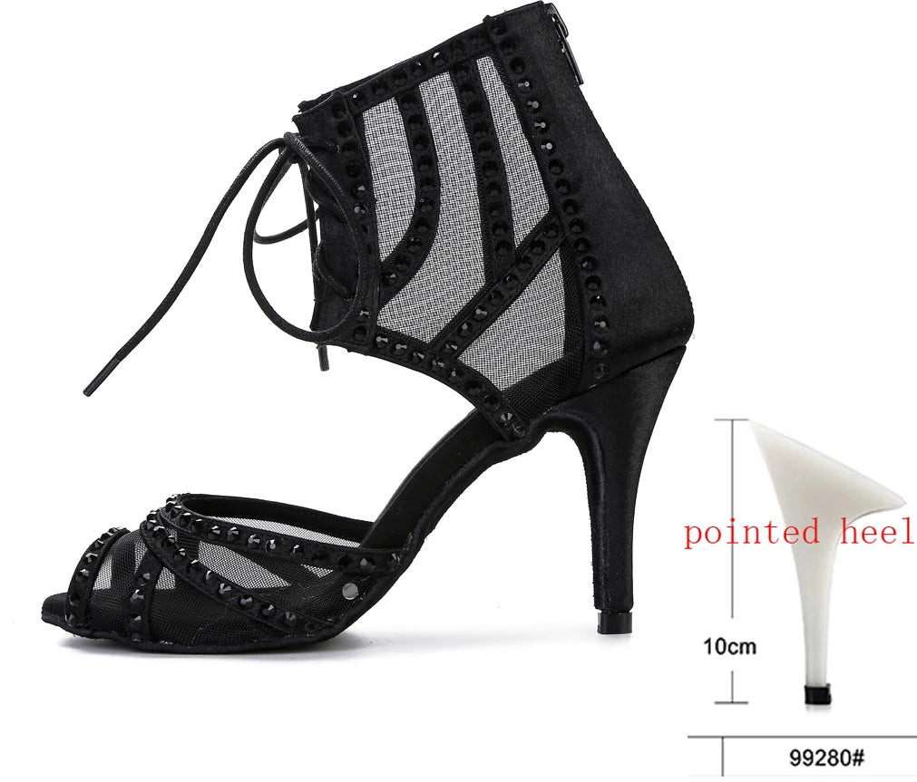 Women's Rhinestone Latin Dance Heels | Mesh & Satin | Stiletto