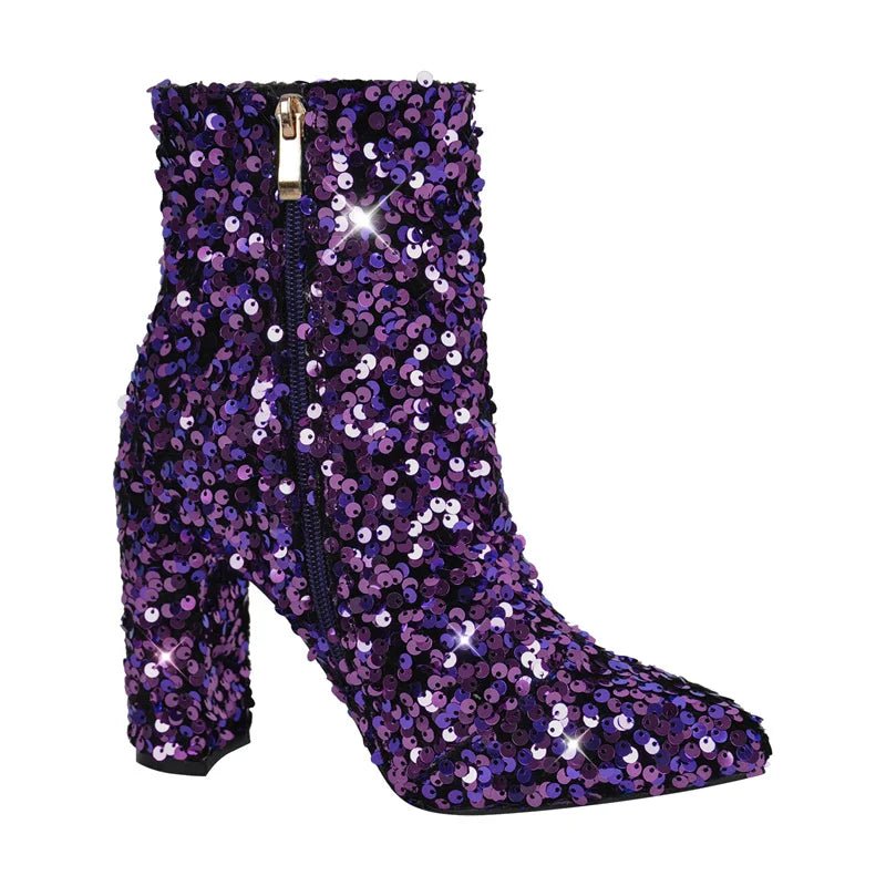Sequined Pointed Toe Ankle Boots | Bling Chunky Heel | Extended Sizes EU 35–46