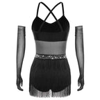Women's Rhinestone Fringe Latin Dance Dress | Sheer Mesh & Tiered Tassel Skirt | Includes Arm Gloves