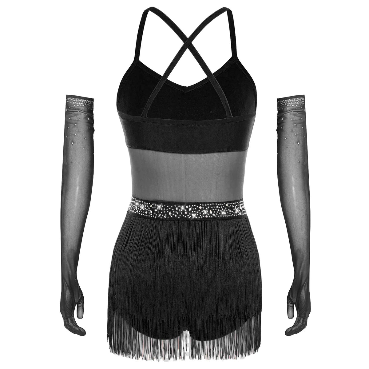 Women's Rhinestone Fringe Latin Dance Dress | Sheer Mesh & Tiered Tassel Skirt | Includes Arm Gloves
