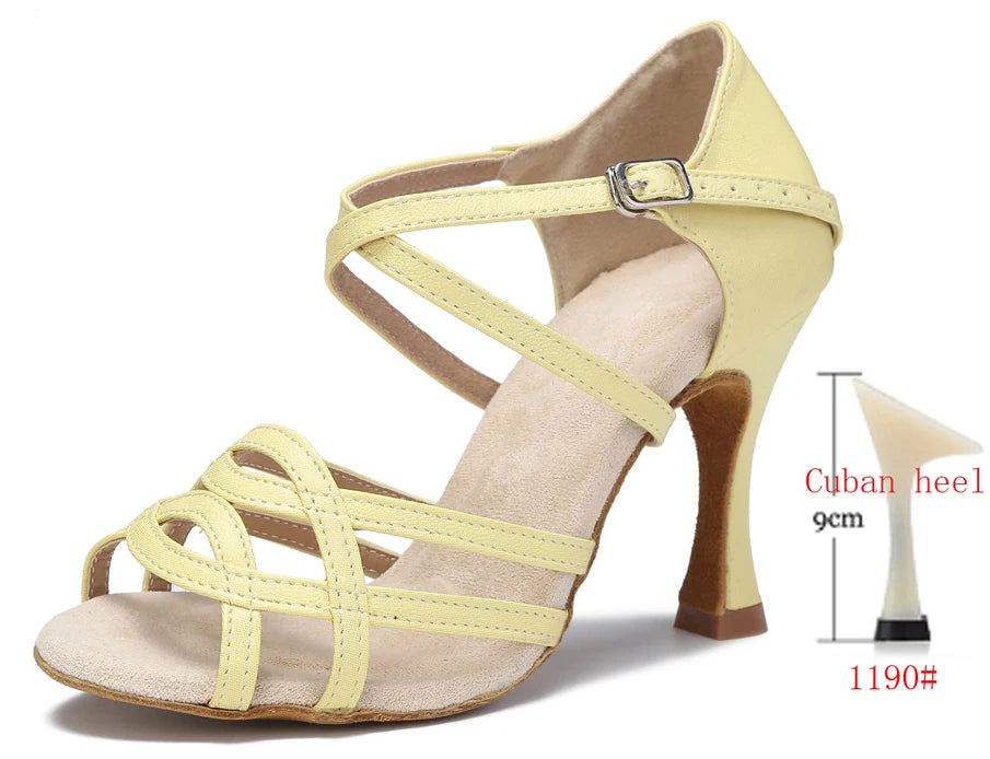 Cross-Strap Latin Dance Sandals | Cuban Heel | 6–10cm | Purple & Yellow