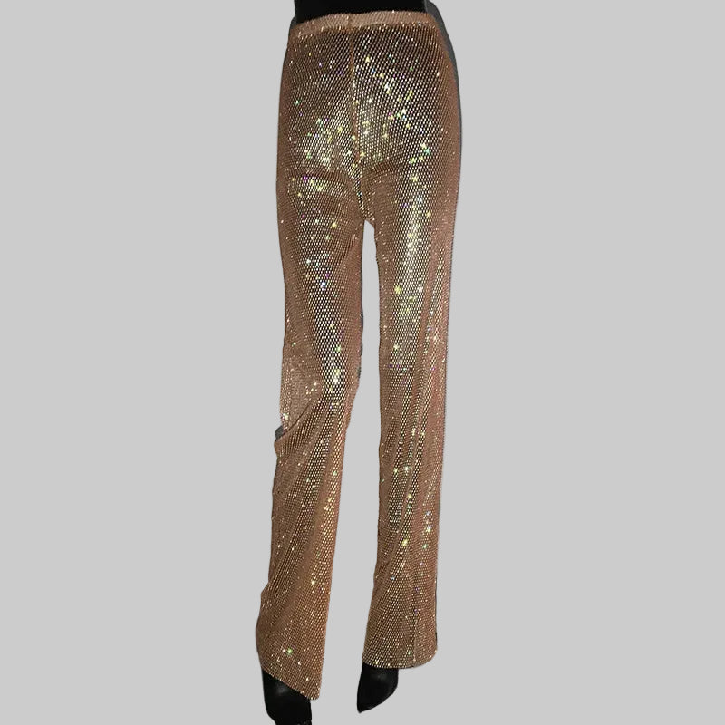 Rhinestone Fishnet Pants - Sheer Crystal Party Trousers