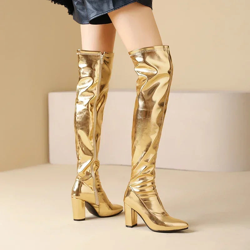Metallic Over-the-Knee Boots | Chunky Heel | Gold & Silver