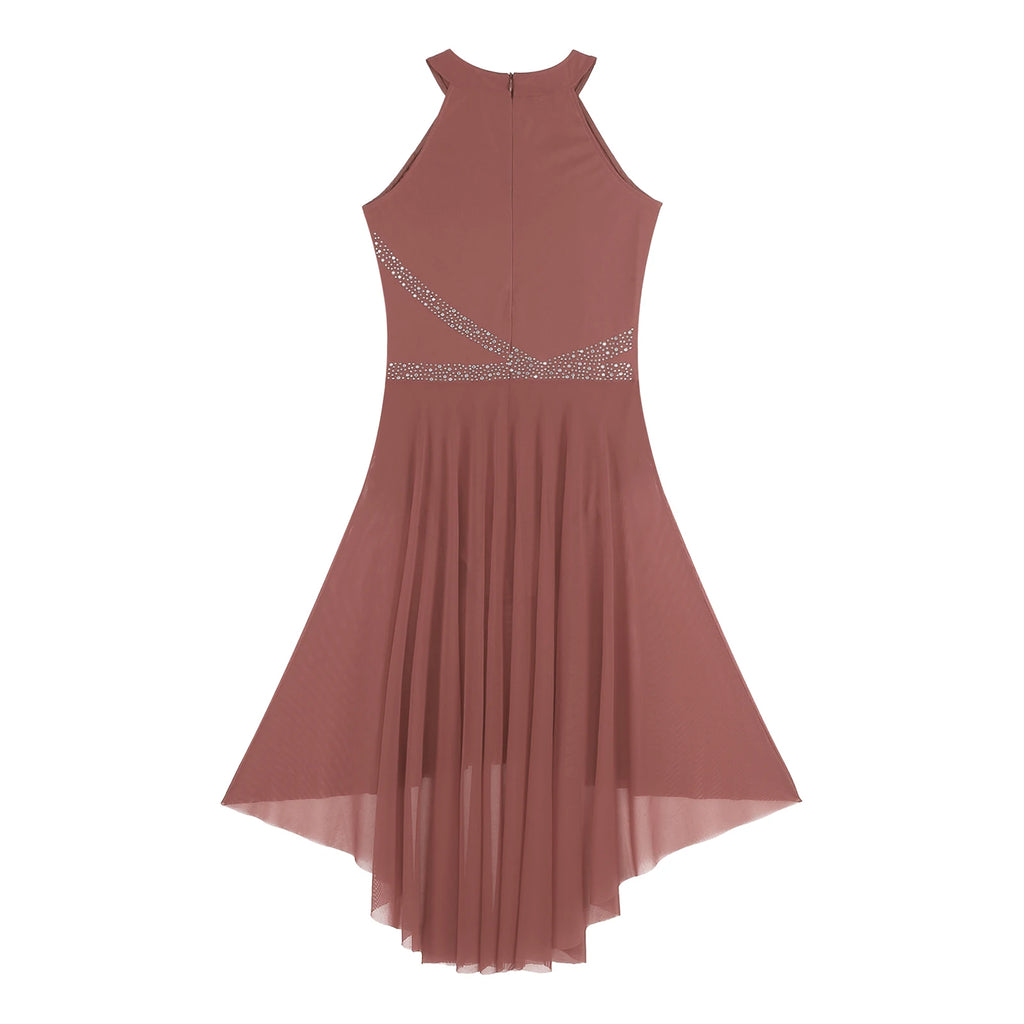 Lyrical Dance Dress | Rhinestone Asymmetric Mesh