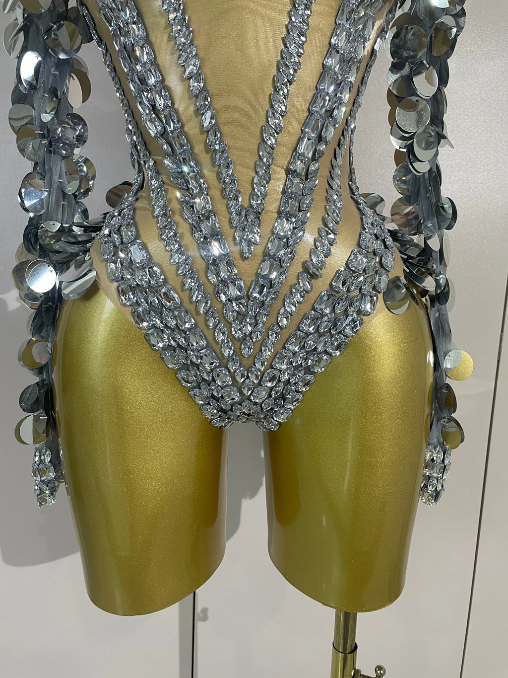 Silver Mirror Gem Bodysuit | Sculptural Shoulders | Stage