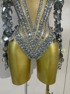 Silver Mirror Gem Bodysuit | Sculptural Shoulders | Stage