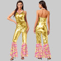 Women's Gold Metallic Disco Jumpsuit - 70s Halter Bell Bottom Performance Costume