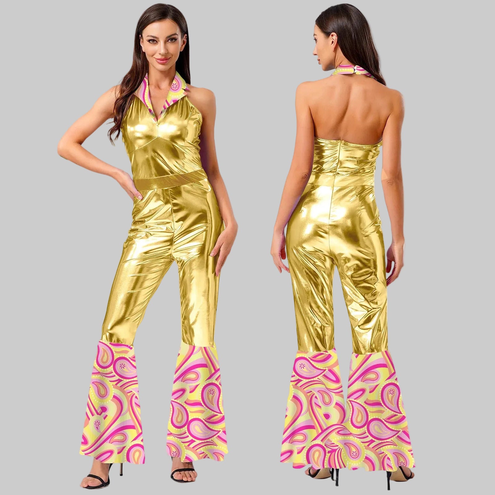 Women's Gold Metallic Disco Jumpsuit - 70s Halter Bell Bottom Performance Costume