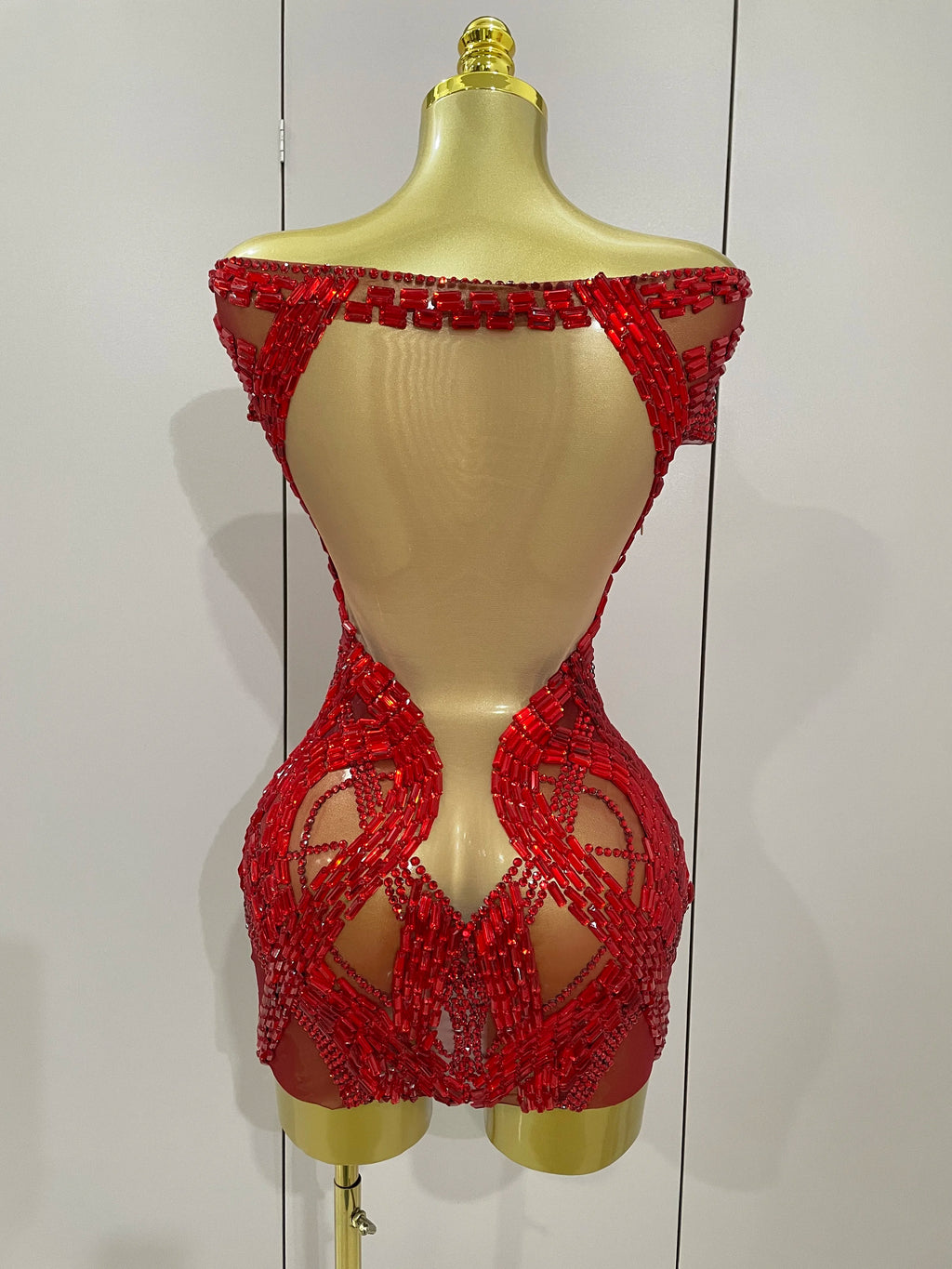 Rhinestone Cutout Mesh Mini Dress | Off-Shoulder | Stage & Performance