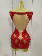Rhinestone Cutout Mesh Mini Dress | Off-Shoulder | Stage & Performance