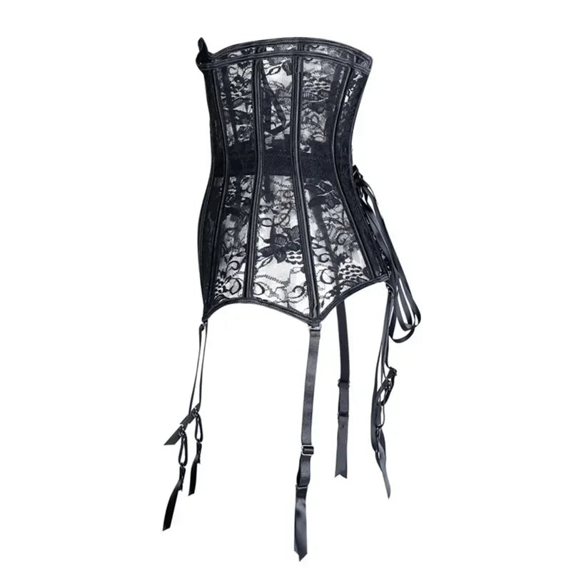Leather & Lace Underbust Corset | Garter Suspenders | 12-Bone | Plus Size