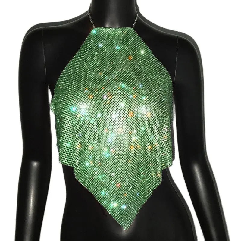 Diamond Grid Rhinestone Bralette - Backless Metal Chain Crop Top
