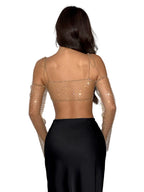 Rhinestone Mesh Long Sleeve Crop Top - Backless V-Neck