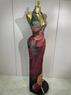 Colorful Rhinestone Halter Maxi Dress | Deep V | Backless