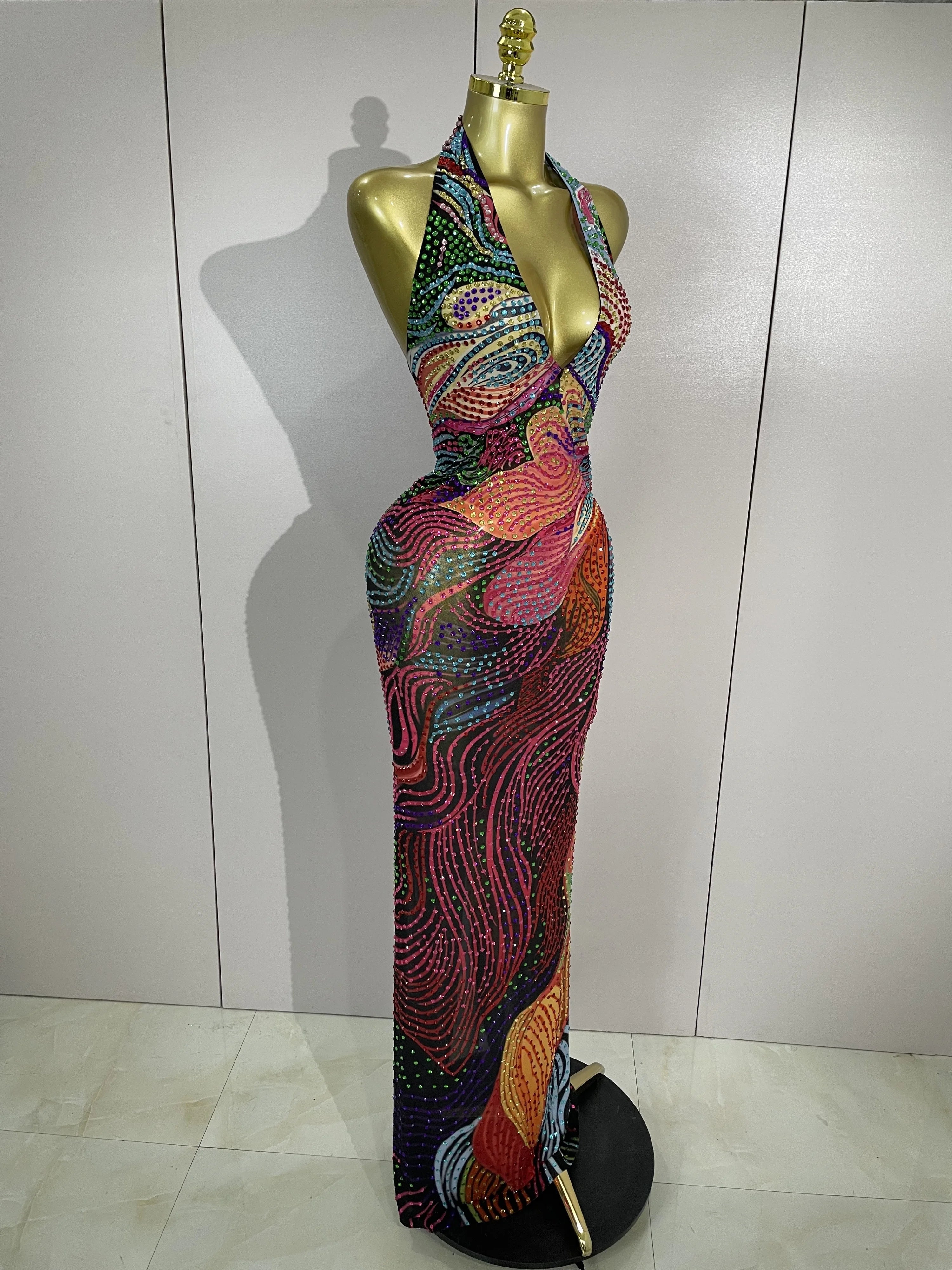 Colorful Rhinestone Halter Maxi Dress | Deep V | Backless