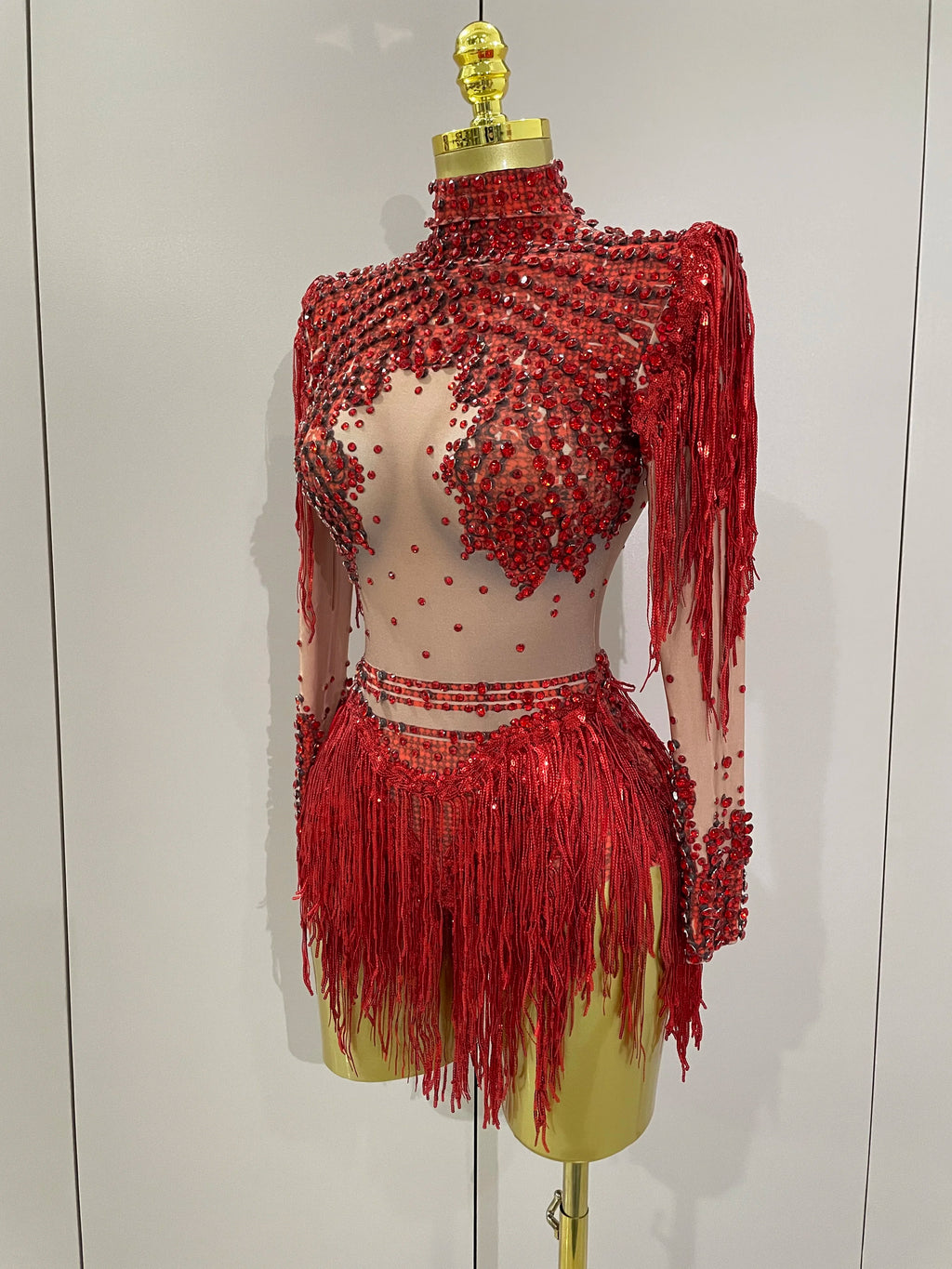Rhinestone Bodysuit | Red Sequin Fringe