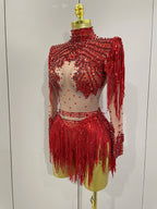 Rhinestone Bodysuit | Red Sequin Fringe