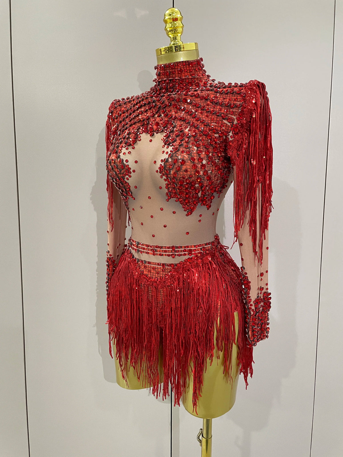 Rhinestone Bodysuit | Red Sequin Fringe