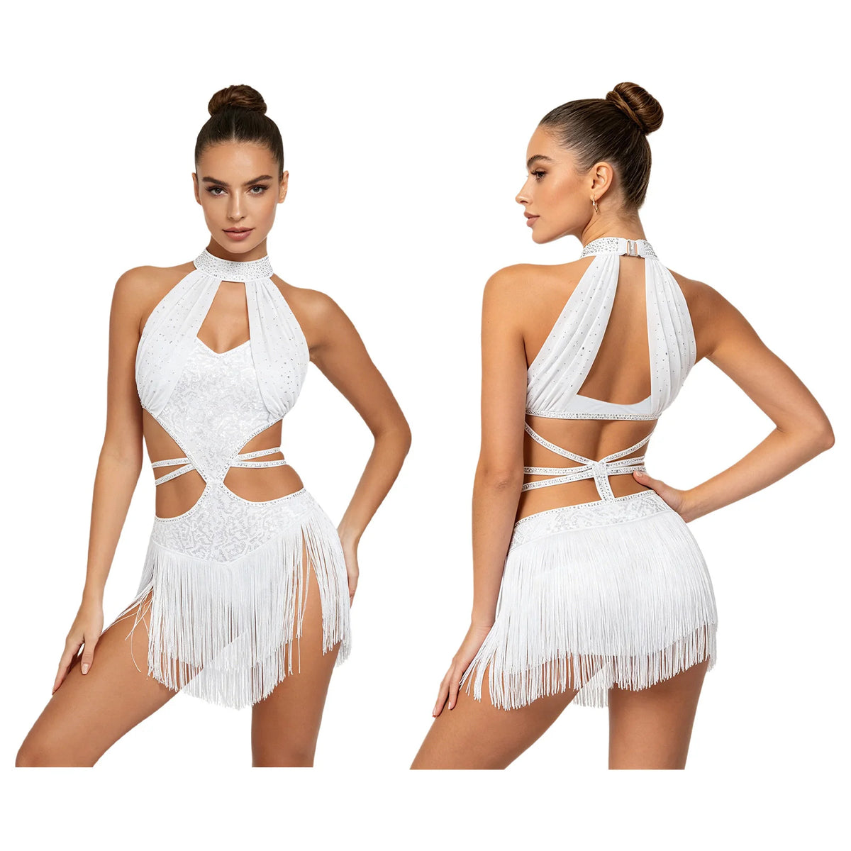 Shiny Latin Tassel Fringe Dress | Halterneck Keyhole Cutout | Samba Tango Performance