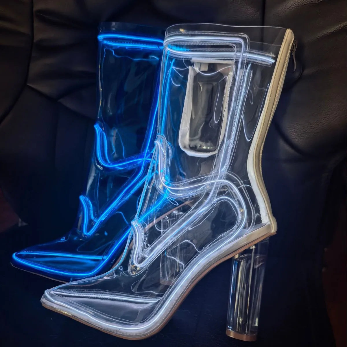 LED Light-Up Transparent Ankle Boots | Block Heel | Pointed Toe