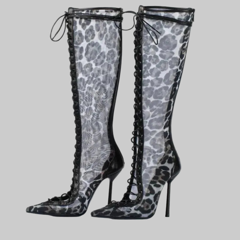 Mesh Lace-Up Knee-High Boots - Pointed Toe Stiletto Heels for Stage & Performance