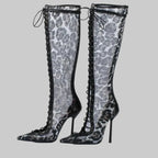 Mesh Lace-Up Knee-High Boots - Pointed Toe Stiletto Heels for Stage & Performance