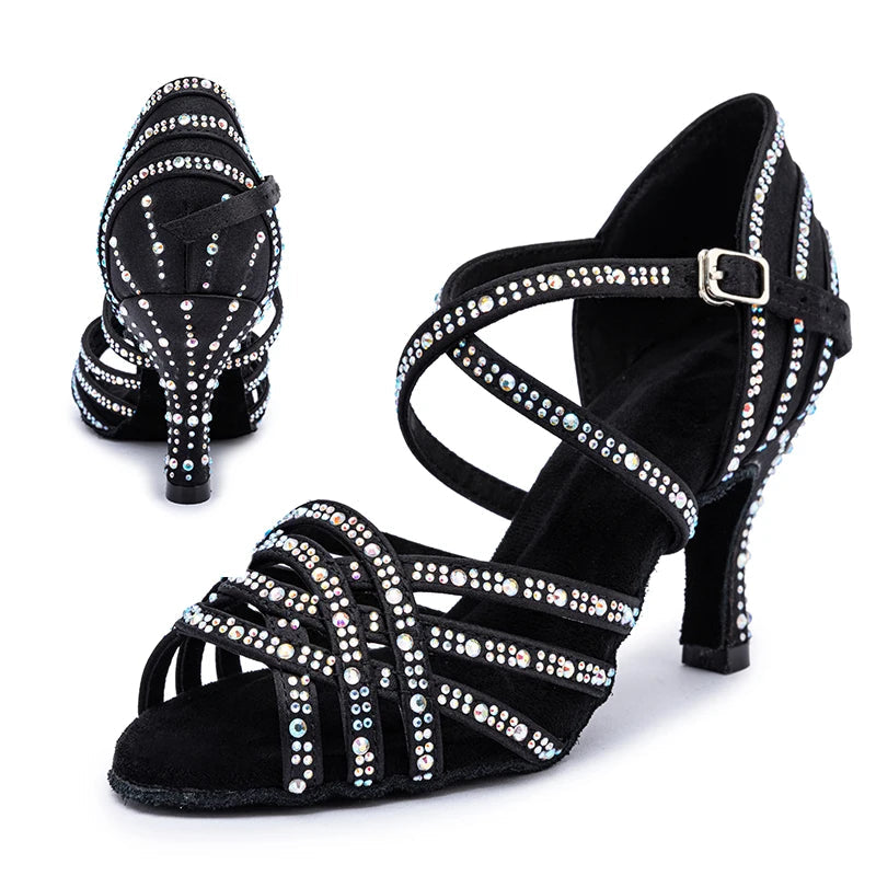 Rhinestone Latin Dance Heels | Satin Ballroom Sandals