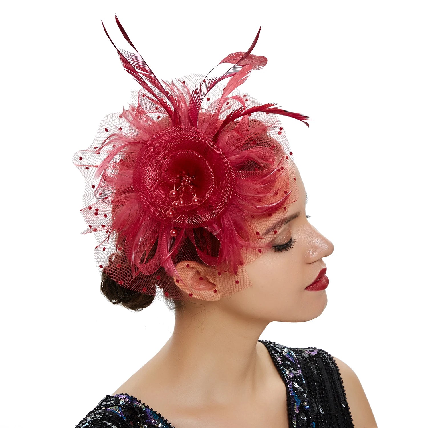 Feather Flower Fascinator Hat | Floral Mesh Headband | 36 Colors