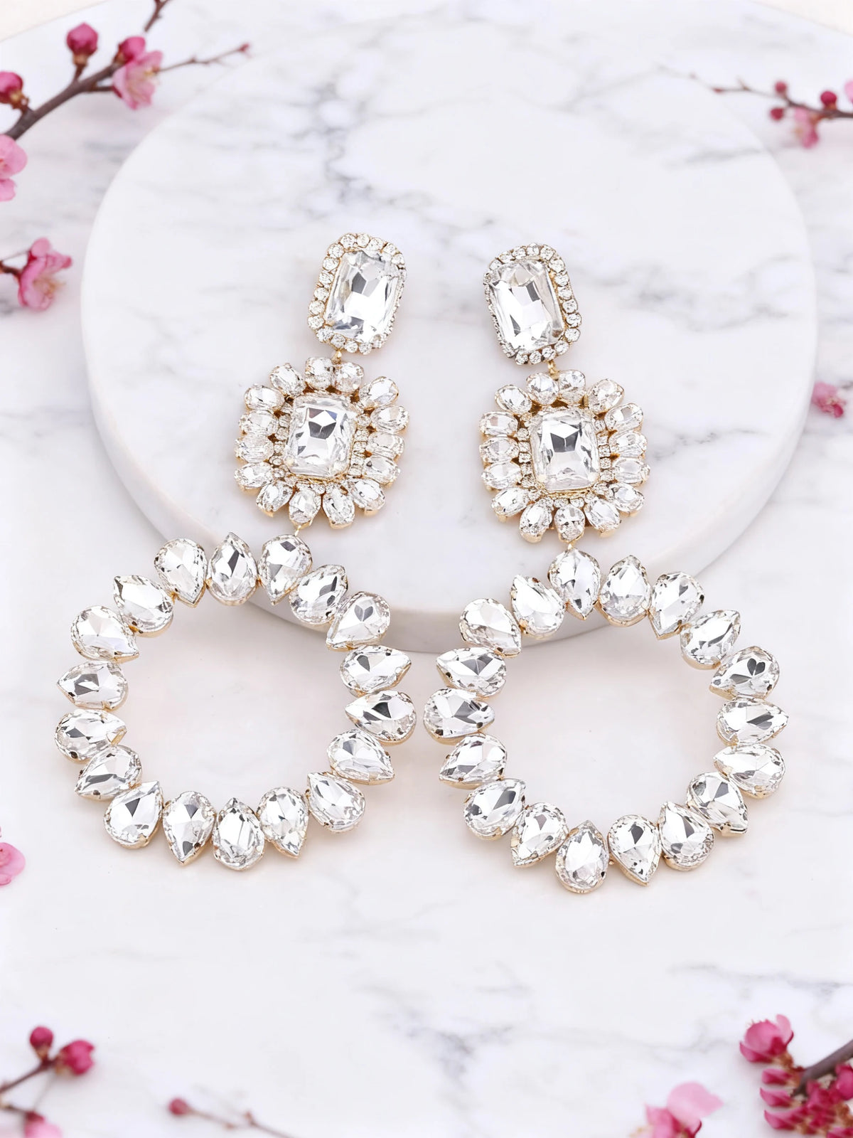 Rhinestone Round Drop Earrings | Clip or Pin