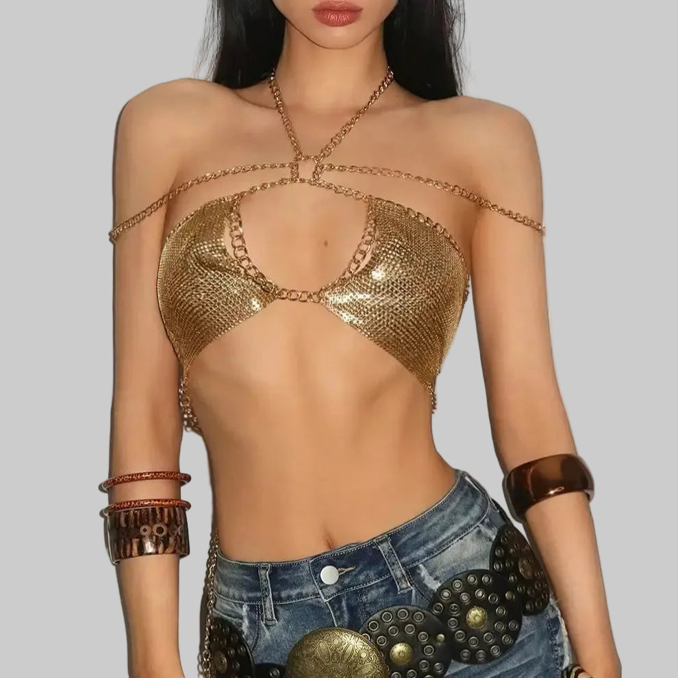 Sequin Deep V-Neck Halter Crop Top with Bandage Back