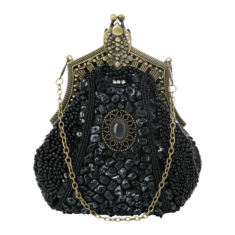 Retro Pearl & Sequin Beaded Clutch | Antique Gold Frame Bag