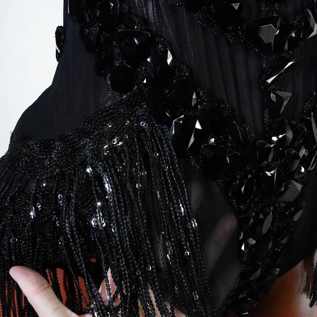 Sexy Mesh Sheer Black Rhinestone Bodysuit
