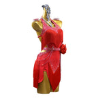Red Rhinestone Latin Dance Dress with Flowers & Tassel Details