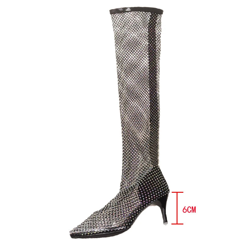 Rhinestone Fishnet OTK Boots | Stiletto | 6cm & 9cm Heel