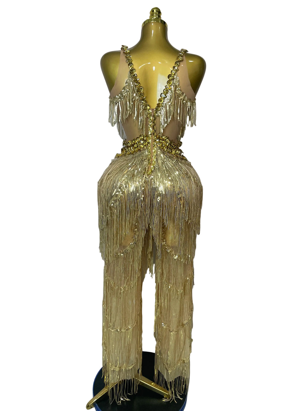 Gold Sequin Fringe Jumpsuit | Wide-Leg | Stage