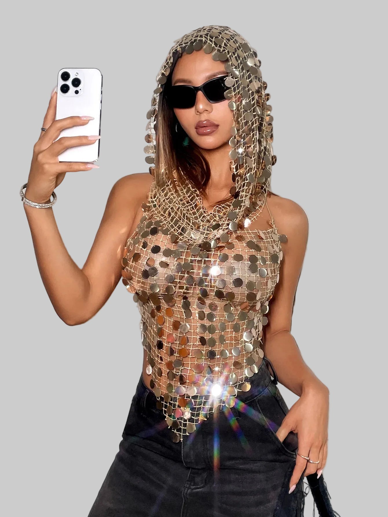Sequin Tank Top with Hat Set - Festival Crop Top 2-Piece
