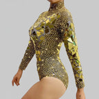 Shining Gold Rhinestones Mirrors Bodysuit - Performance Stage Costume