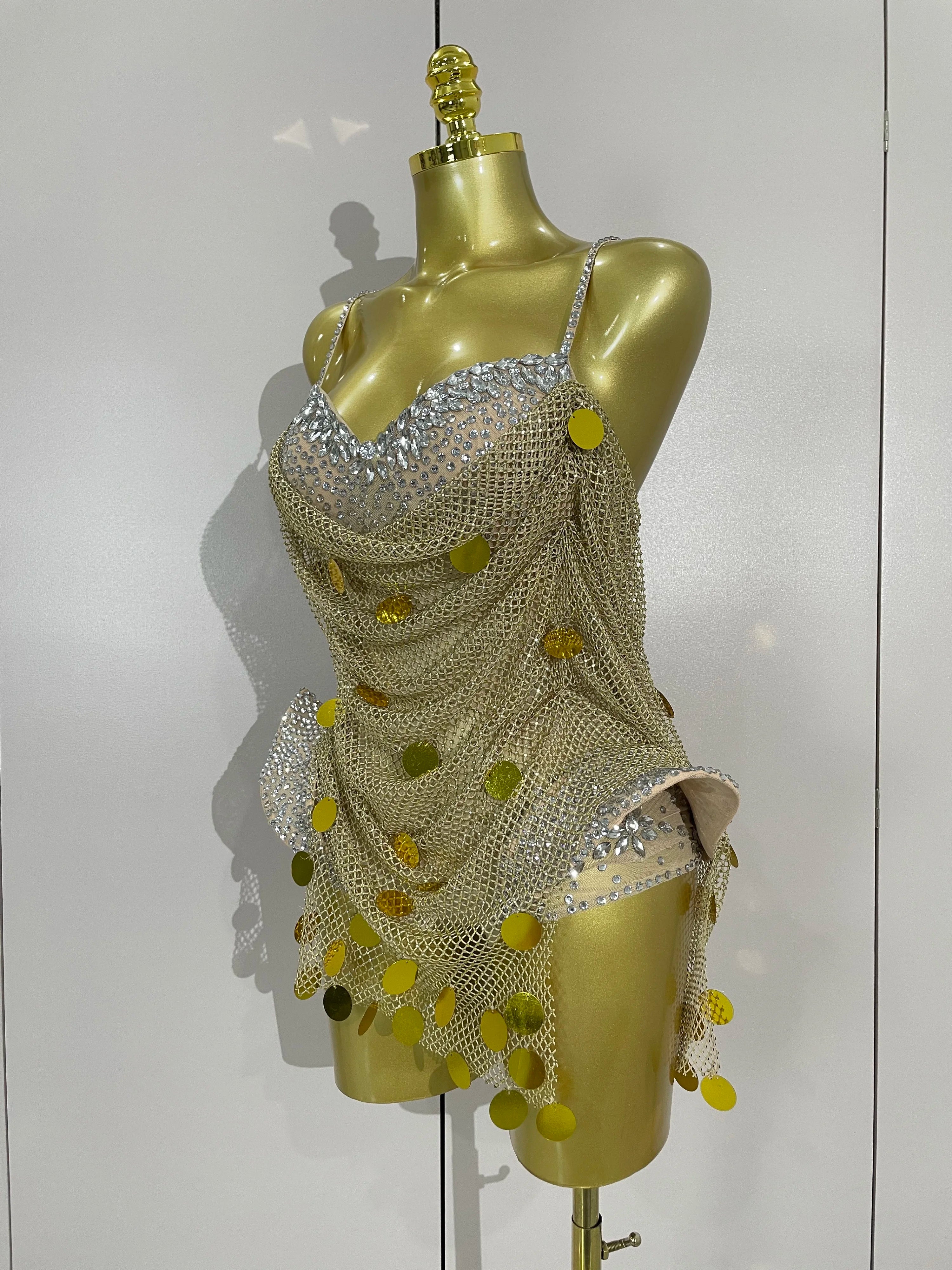 Gold Coin Disc Bodysuit | Rhinestone Chain | S–XL