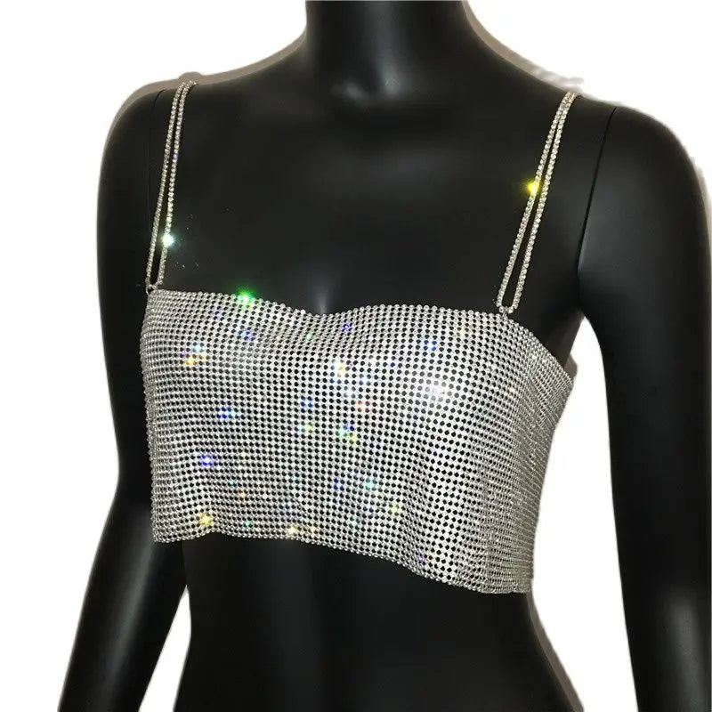 Sequin Crystal Chain Halter Tank Top - Festival & Stage Wear