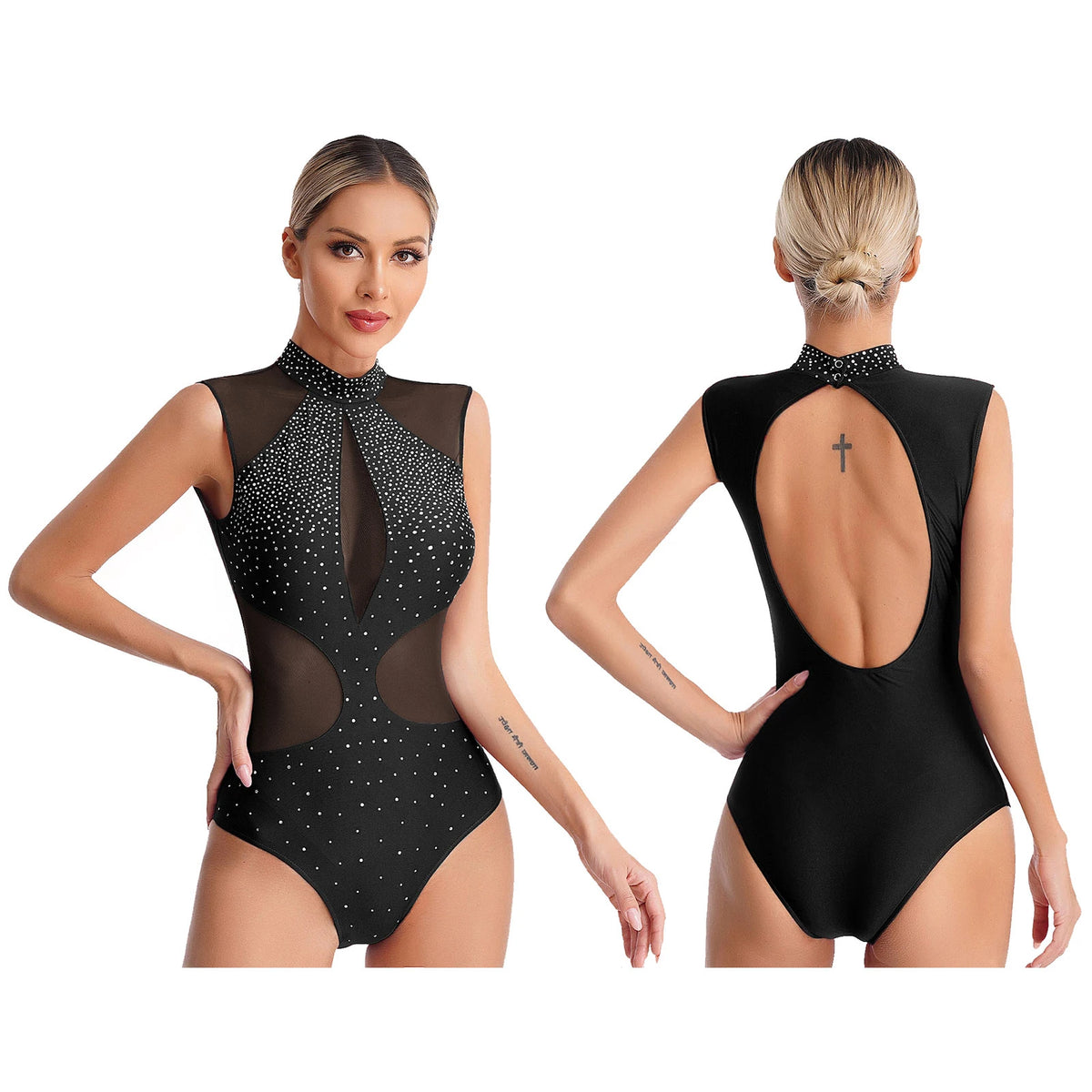 Women's Rhinestone Asymmetric Jumpsuit | One Long Leg & Sheer Mesh Illusion | Performance Bodysuit